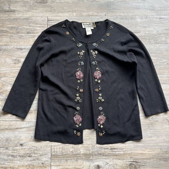 Vintage Cardigan Women's Large Beaded Embroidered Floral 90s Cute Joseph A Black - Picture 1 of 9
